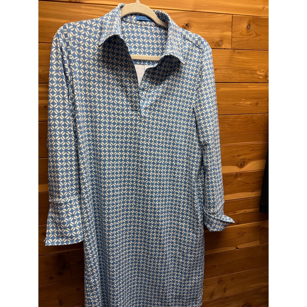J.McLaughlin Blue White Geometric Floral Tile Stretch Shirt Dress Medium M